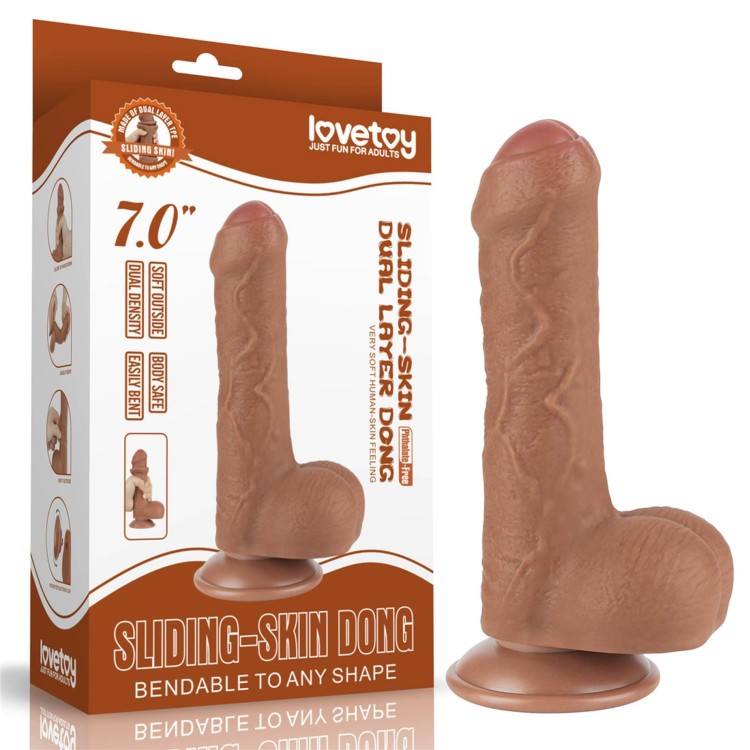 dildo 7'' Sliding Skin Dual Layer Dong Brown