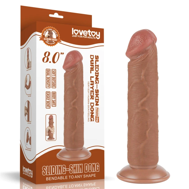 dildo 8'' Sliding Skin Dual Layer Dong Brown