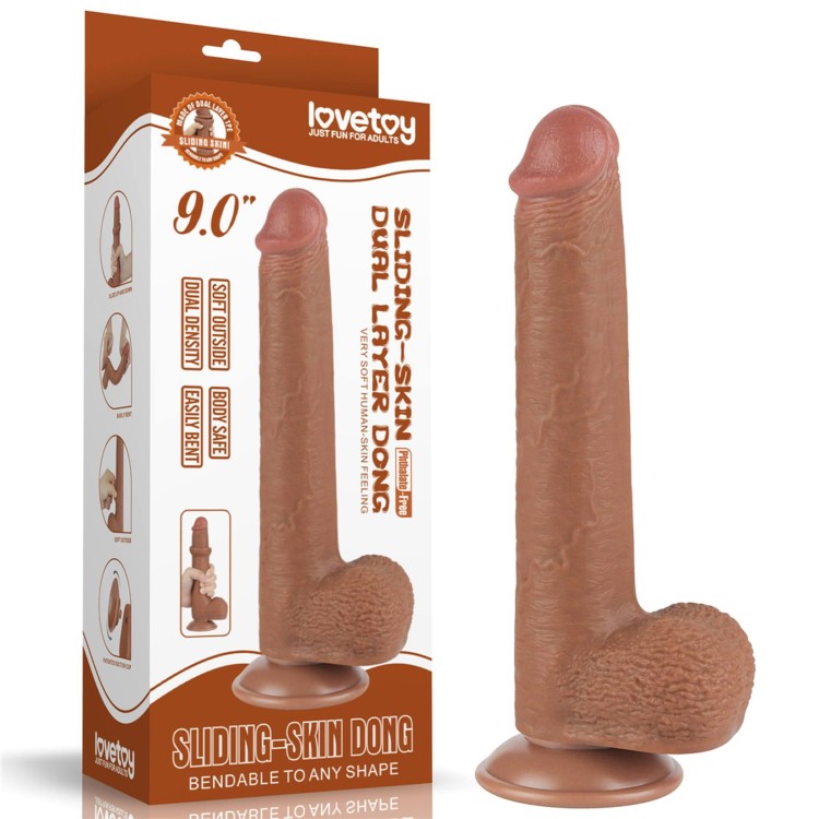 dildo 9'' Sliding Skin Dual Layer Dong Brown