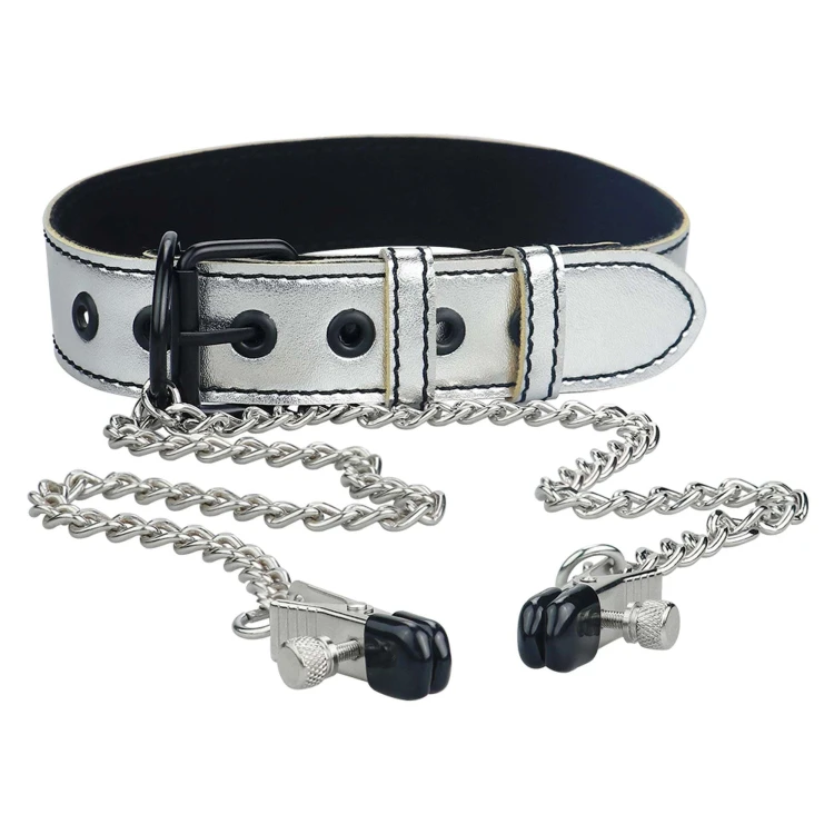 obroża z zaciskami na sutki Metallic Silver Collar With Nipple Clamp