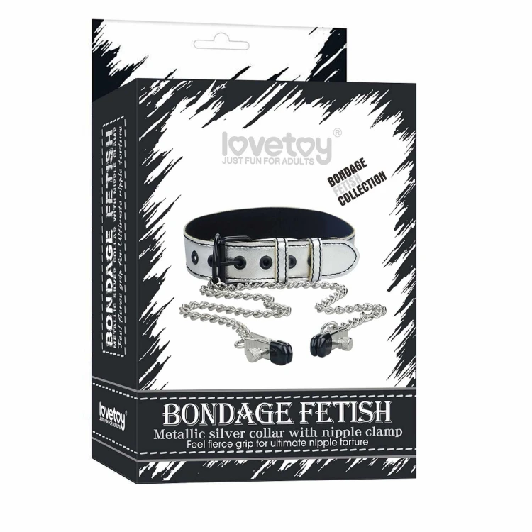 obroża z zaciskami na sutki Metallic Silver Collar With Nipple Clamp