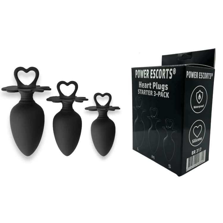 zestaw korków Heart Plug Anal Starter 3-Pack - S, M & L - Black - quality Silicone - Colour box