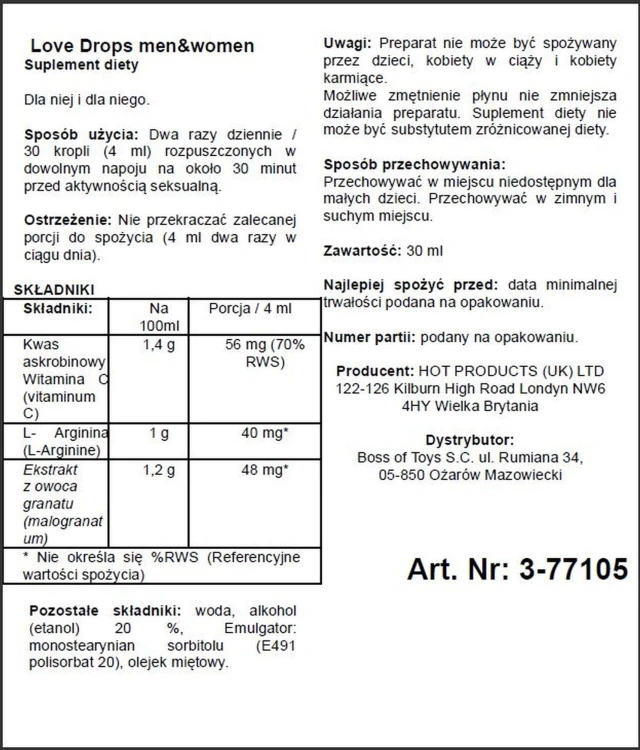 suplement diety wzmacniający przyjemność Love Drops 30 ml