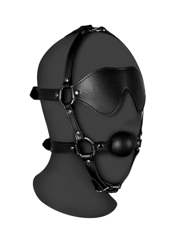 knebel Blindfolded Head Harness with Solid Ball Gag - Black