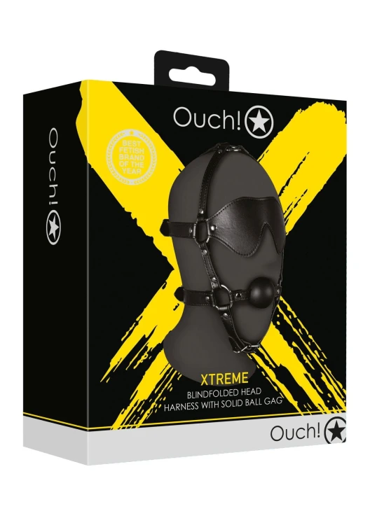 knebel Blindfolded Head Harness with Solid Ball Gag - Black