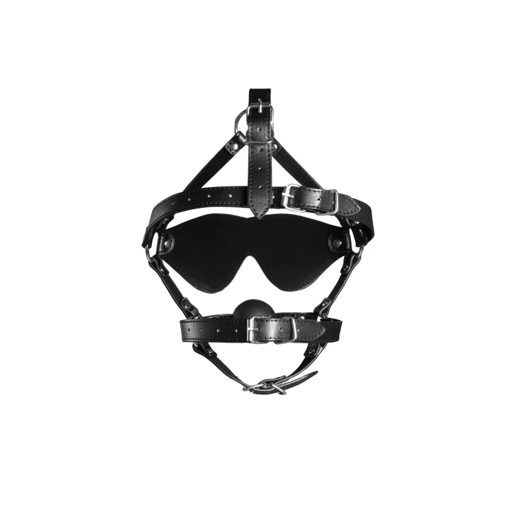 knebel Blindfolded Head Harness with Solid Ball Gag - Black