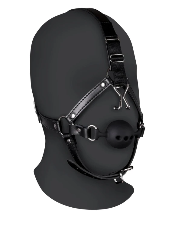 knebel Head Harness with Breathable Ball Gag and Nose Hooks - Black