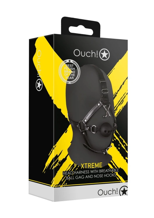 knebel Head Harness with Breathable Ball Gag and Nose Hooks - Black