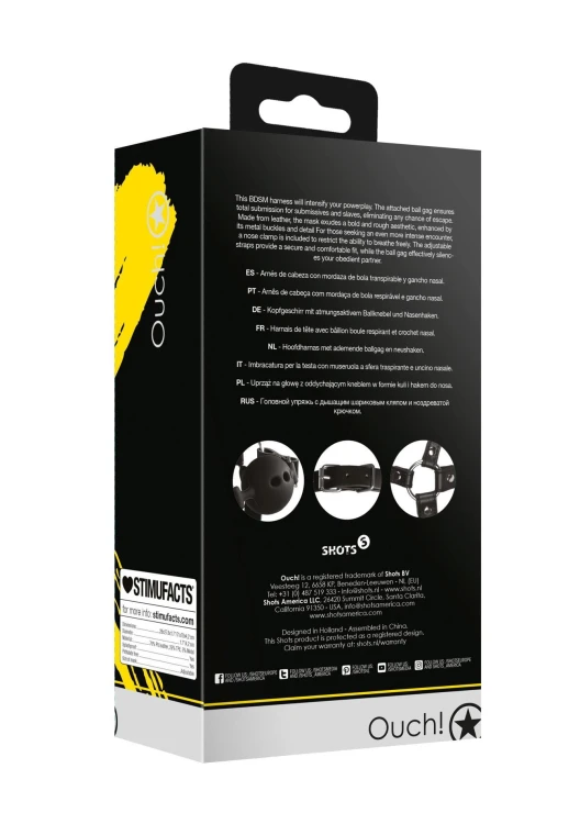 knebel Head Harness with Breathable Ball Gag and Nose Hooks - Black