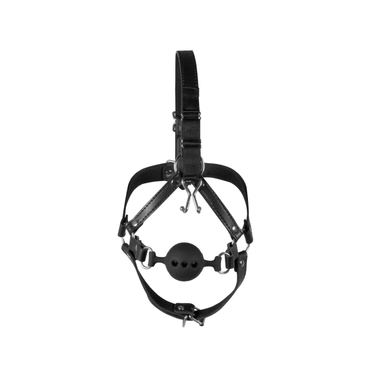 knebel Head Harness with Breathable Ball Gag and Nose Hooks - Black