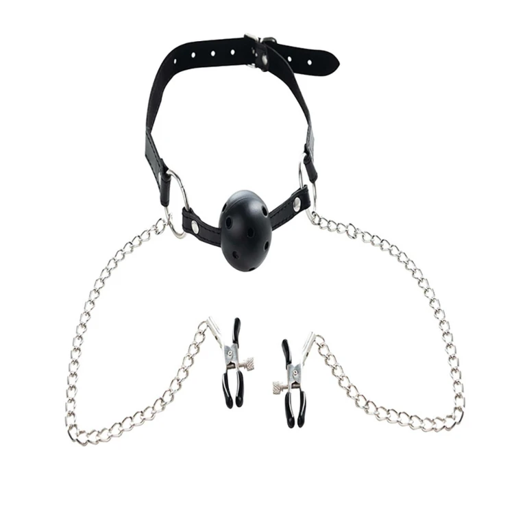 klamerki z kneblem Breathable ball gag with adjustable nipple clamp