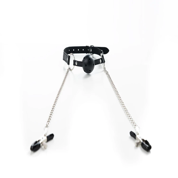 klamerki z kneblem Breathable ball gag with adjustable nipple clamp