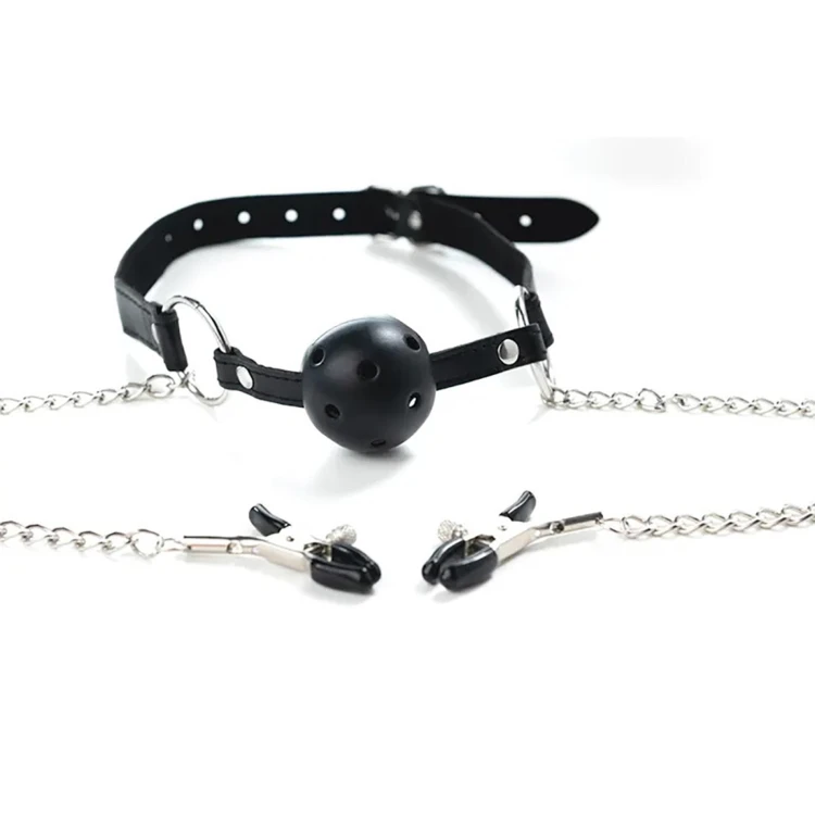 klamerki z kneblem Breathable ball gag with adjustable nipple clamp