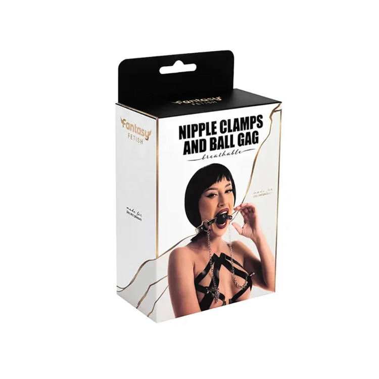 klamerki z kneblem Breathable ball gag with adjustable nipple clamp