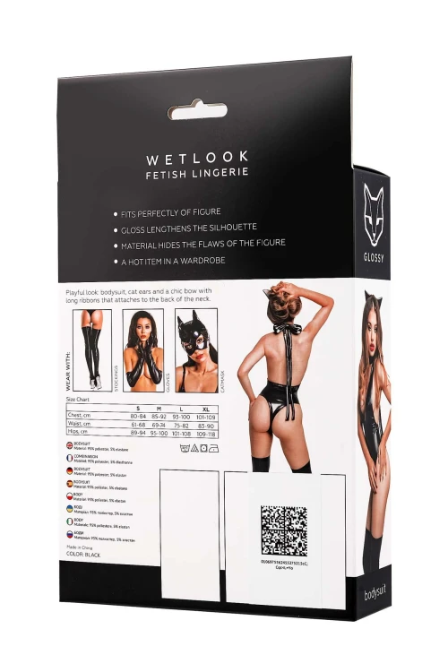 body Glossy Kitti bodysuit and cat ears wetlook black L