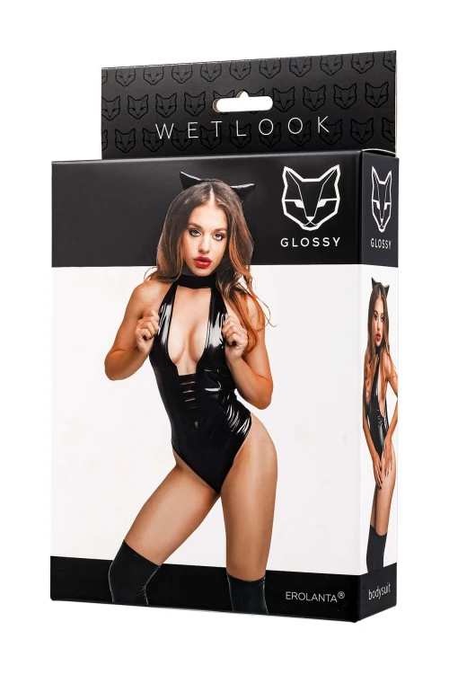body Glossy Kitti bodysuit and cat ears wetlook black XL